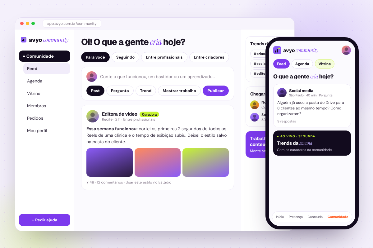 Feed da Avyo Community no computador e no celular